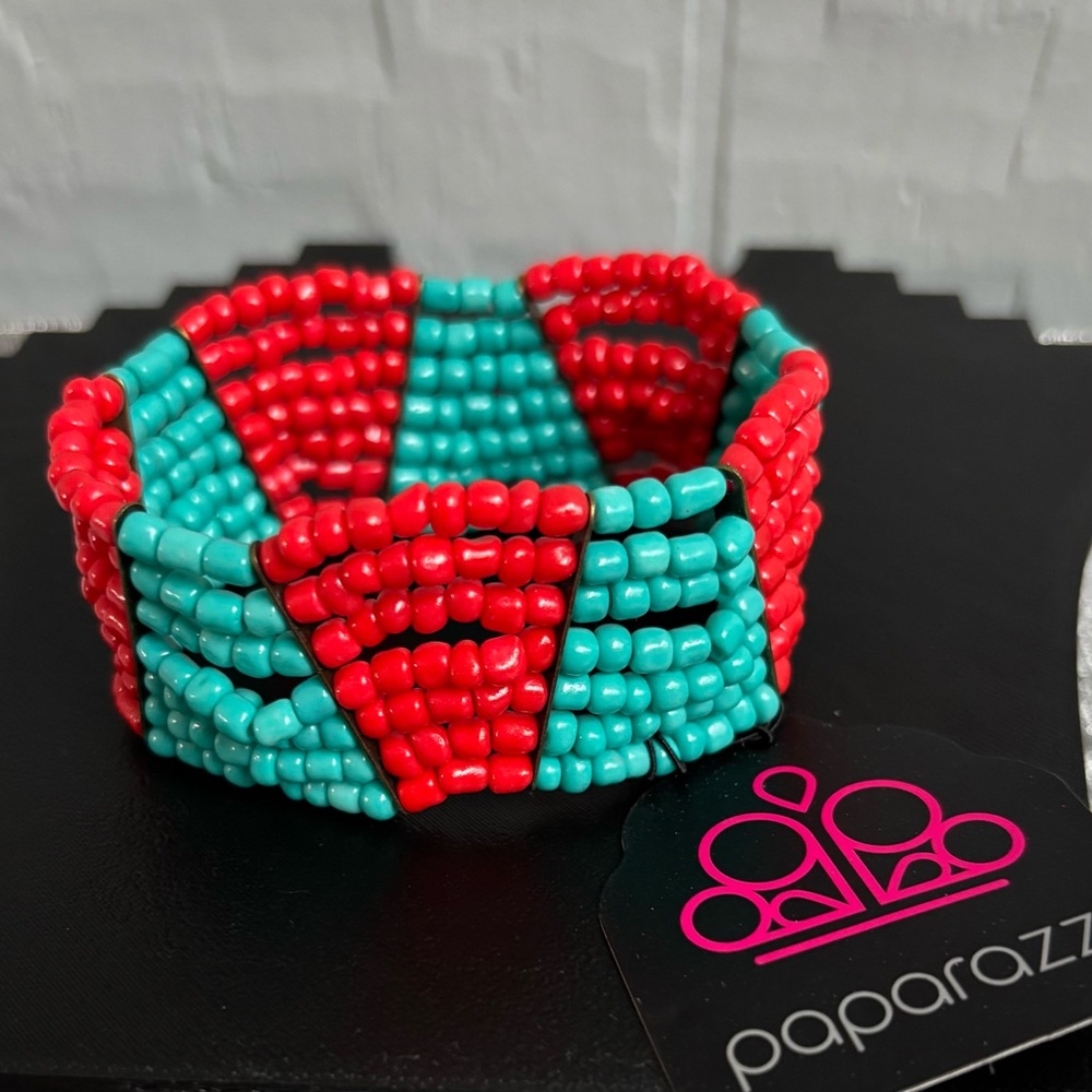 5/$25 (Pick 5 items for $25 Labeled) Paparazzi Red and Turquoise Beaded Bracelet
